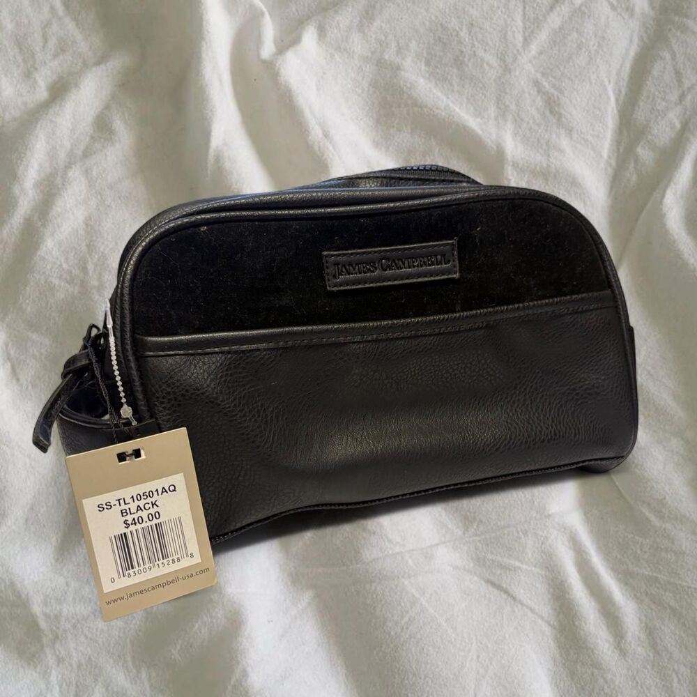 James Campbell Black Leather Travel Toiletry Bag